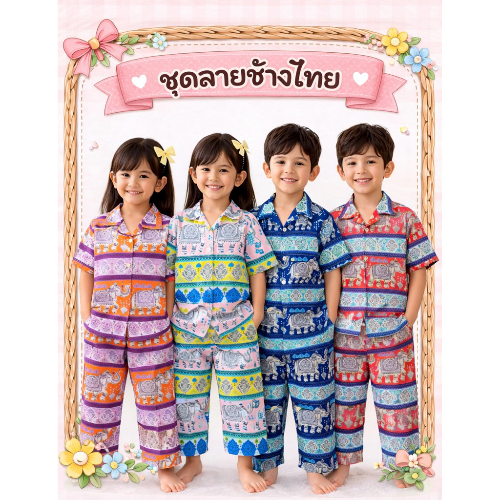 ชุดลายช้างไทยเด็กผ้าไหมญี่ปุ่น ผ้าดีมาก