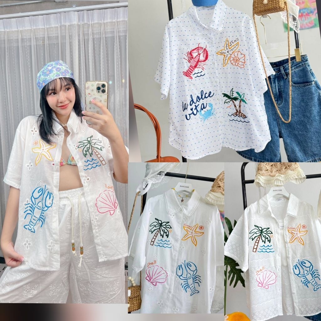 เสื้อเชิ้ตคอตตอนงานปักนูน งานสวย(มีลายมากกว่าที่ลง) ป้าย barcode