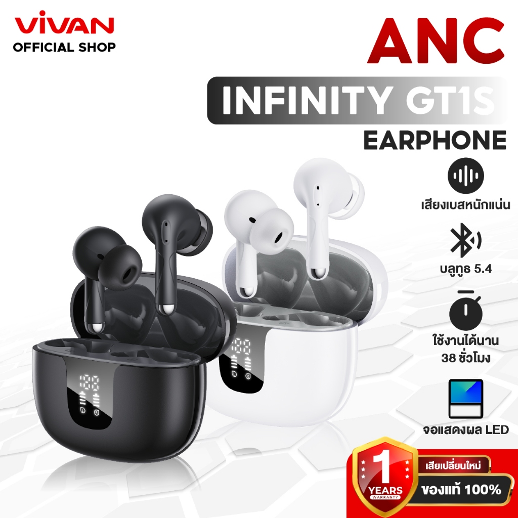 VIVAN Infinity GT1s หูฟังบลูทูธ 5.4 จอ LED แสดงแบตเตอรี่ เล่มเกมไม่ดีเลย์ เบสหนัก ENC ลดเสียงรบกวน แบตอึด 38 ชม. ชาร์จไว