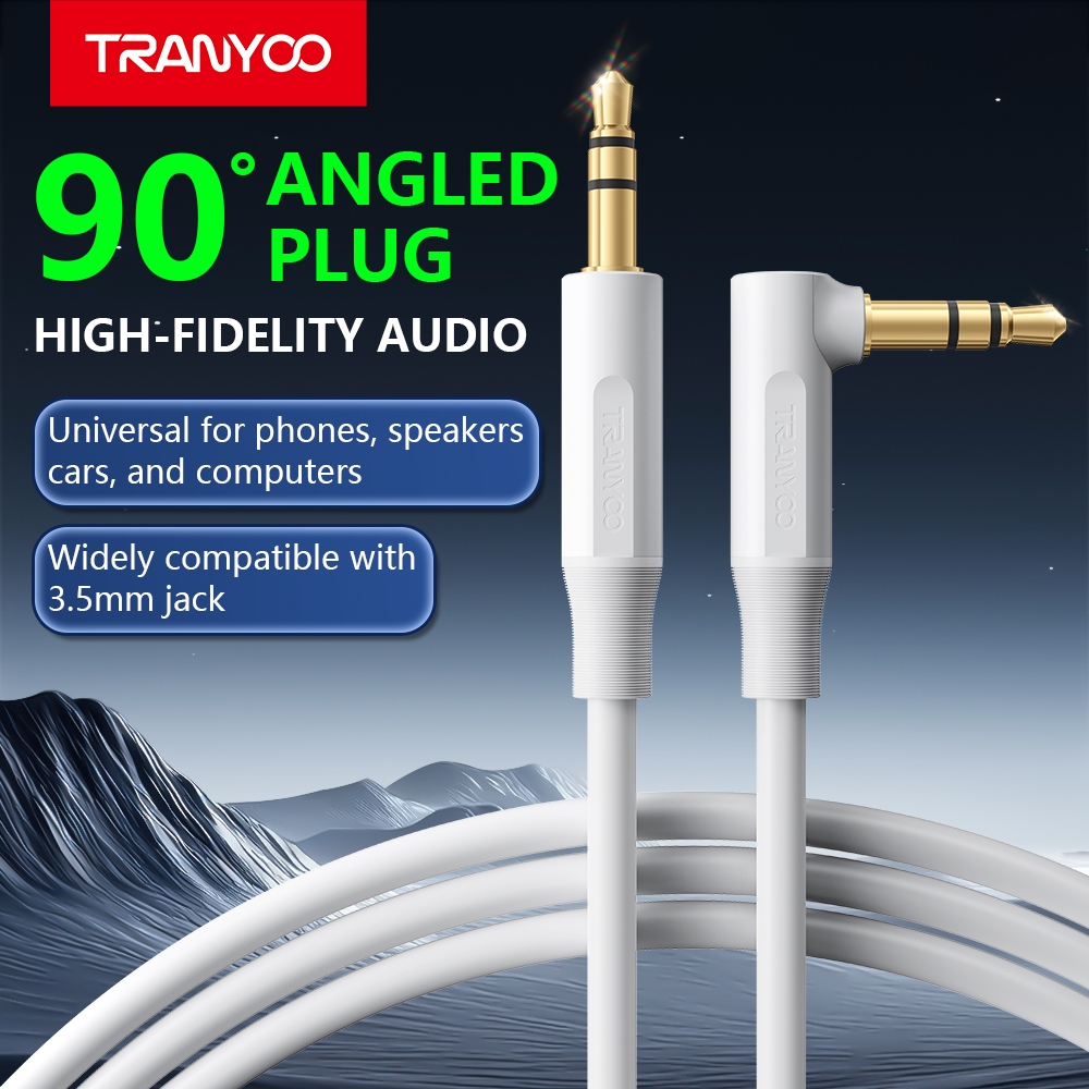 TRANYOO E3 3.5mm สายออดิโอสายออดิโอหัวงอ 90 องศา ไม่กดมือ เสียงคมชัด Hi-Fi ปลั๊กชุบทองป้องกันสัญญาณรบกวน ทนทานยั่งยืน