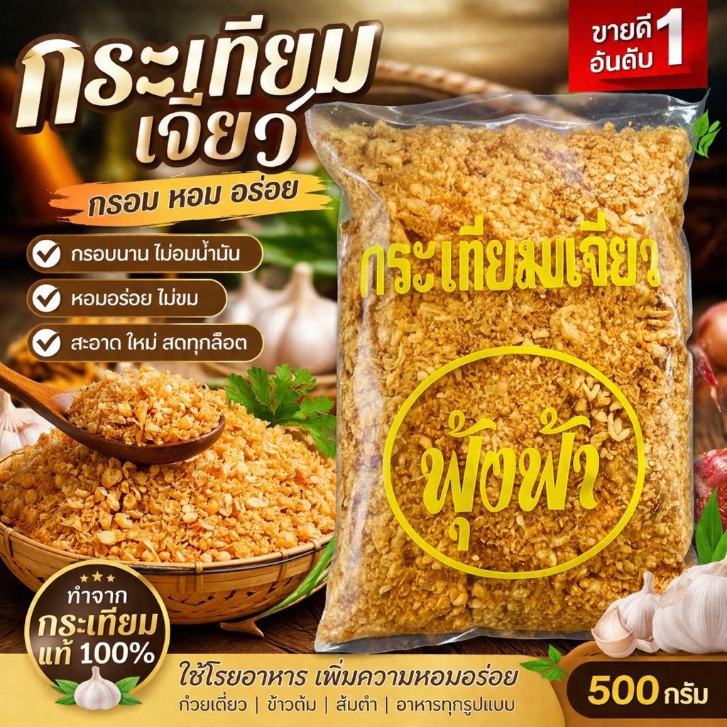 กระเทียมเจียว กรอบ หอม ใหม่ ไม่อมน้ำมัน โรยอาหาร 500g