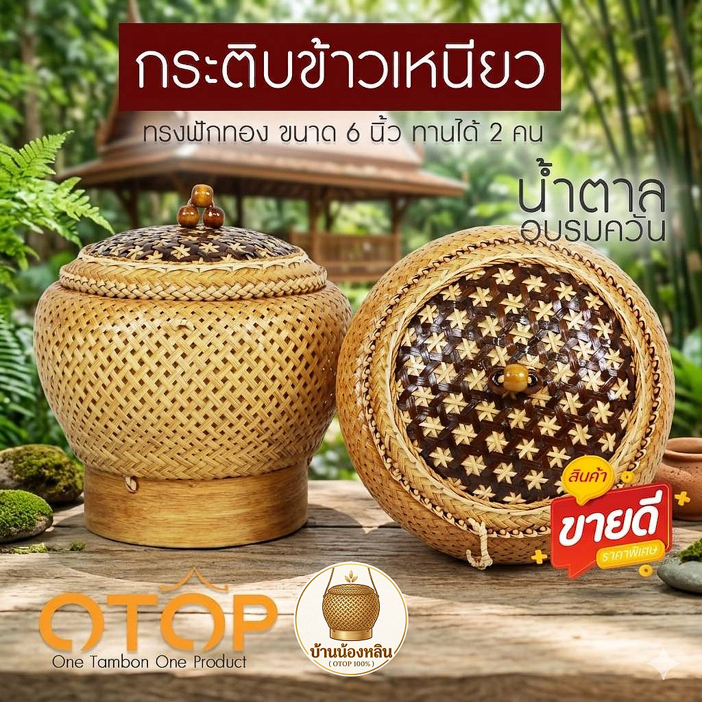 กระติบข้าวเหนียว ฟักทองหน้าดอกพิกุล ขนาด 6 นิ้ว อบรมควัน กันมอด เชื้อรา แข็งแรงทนทาน