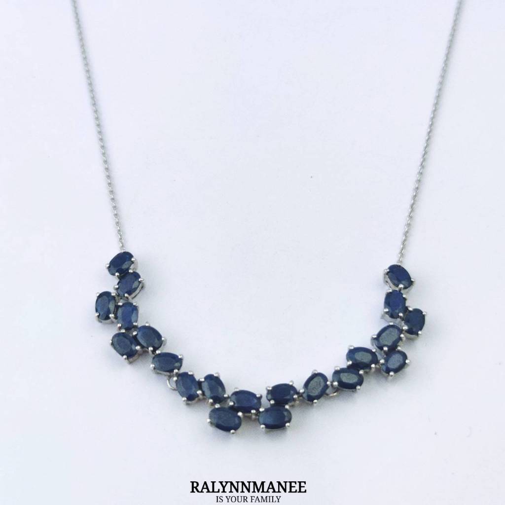 NK007 สร้อยคอพลอยไพลินแท้ ( Natural Blue Sap. ) ตัวเรือนเงินแท้ 925 ชุบทองคำขาว ยาว 19- 21 นิ้ว