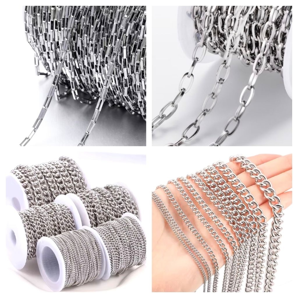 โซ่สเเตนเลส  ( ยาว 1-5 ม. ) สีสเตนเลส สําหรับทําสร้อยคอ กำไลข้อมือพวงกุญแจ DIY อื่นๆกำไลข้อเท้า ต่างหู พร้อมส่งจากไทย