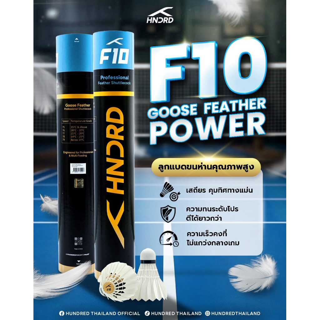 HUNDRED ลูกแบดมินตัน รุ่น F10 ใหม่!(76) ขนห่านเกรดสูง ใช้ทน
