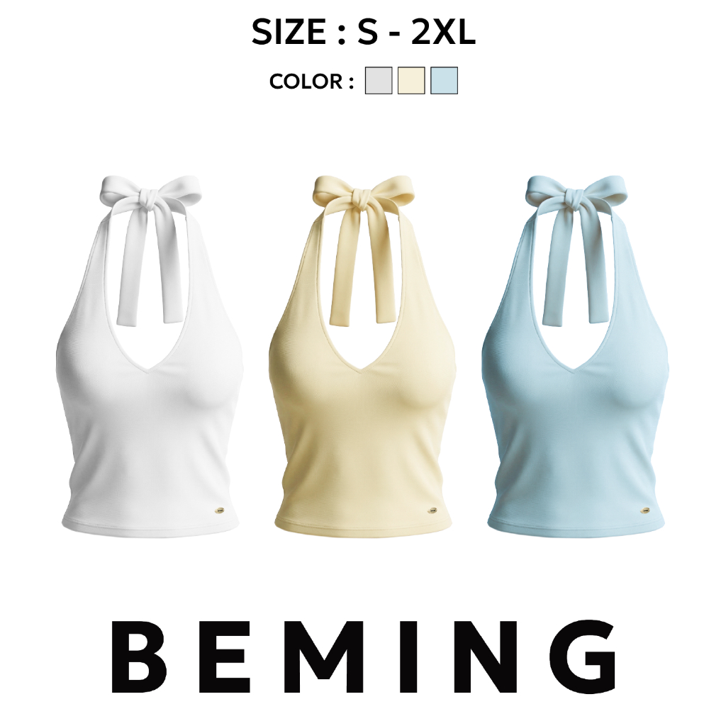 Bemingtop1157(S-2XL)-Ribbon Halter Top- เสื้อคล้องคอดีไซน์ผูกโบว์โชว์ช่วงคอและไหล่ทรงเข้ารูปพอดีตัว