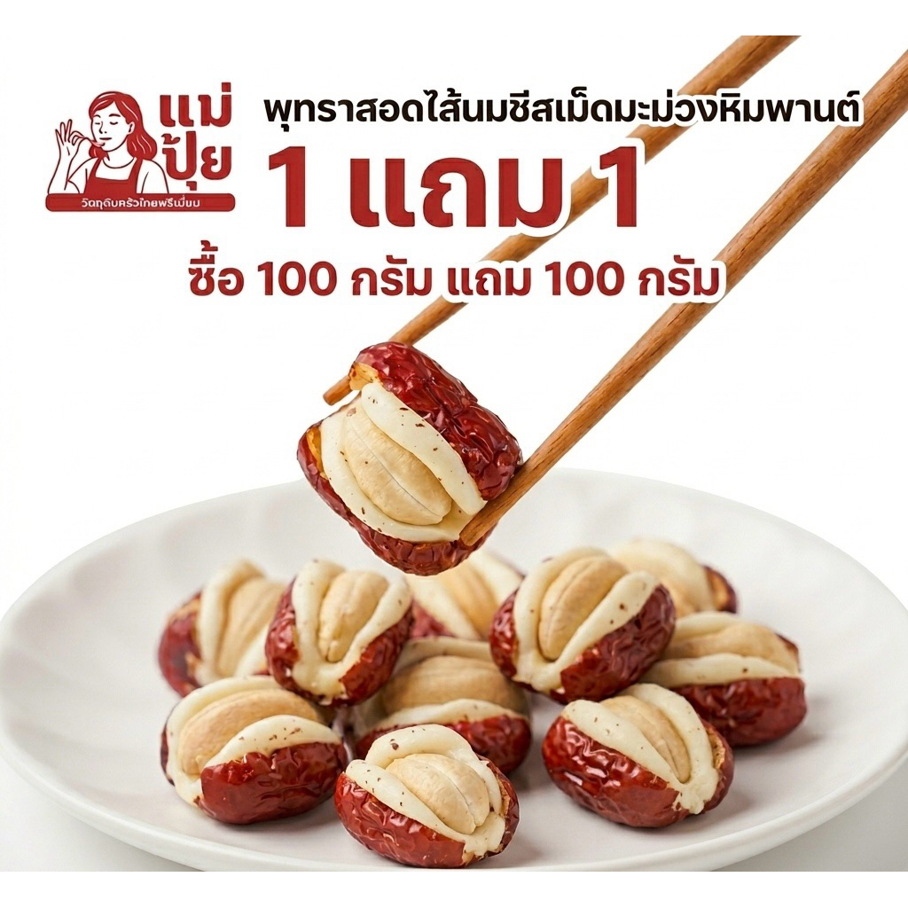 แม่ปุ้ยขนมทานเล่น พุทราสอดไส้นมชีส เม็ดมะม่วงหิมพานต์ เคี้ยวหนึบ รสชาติกลมกล่อม