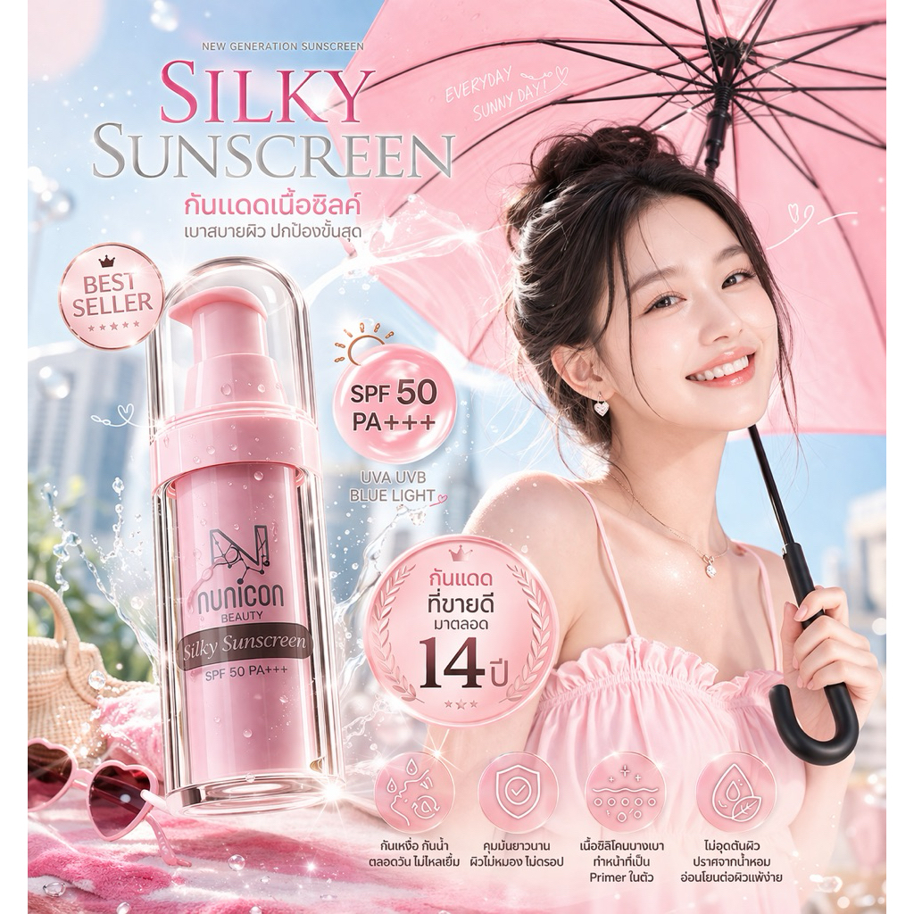 ‼️กันแดดใยไหมพรีเมี่ยม‼️แถม!น้ำตบขนาด10มล.💕Nunicon silky sunscreen spf50PA+++(no.01)