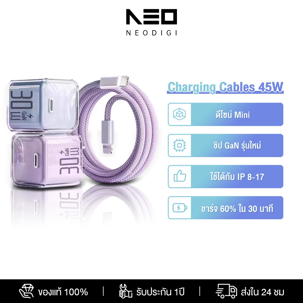 [ชาร์จเร็ว ไม่ร้อน] NEODIGI ชุดหัวชาร์จและสายชาร์จ Mini GaN 45W Charger Adapter USB C Quick Fast Cha