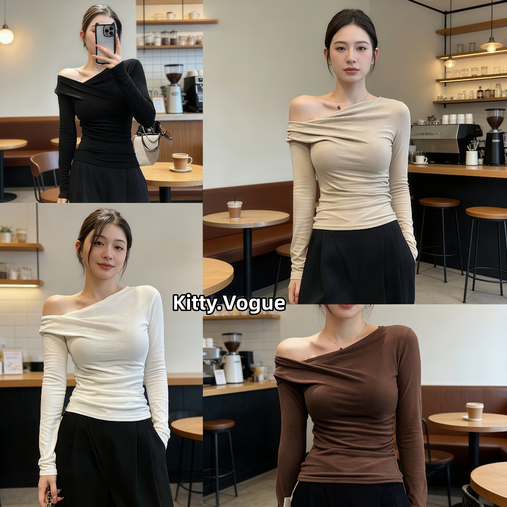 Kitty.Vogue เสื้อแขนยาวเปิดไหล่แฟชั่นผู้หญิง สไตล์เรียบง่าย ดีไซน์จับจีบ ใส่แล้วผอม แฟชั่นสบายๆ FY7834-0