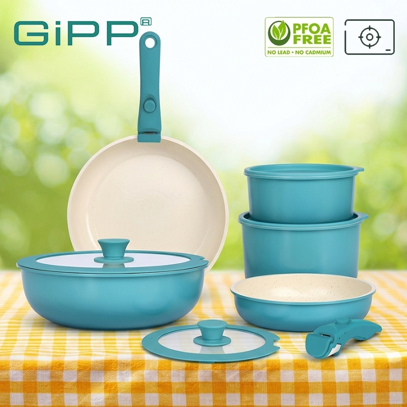 GIPP ชุดเครื่องครัวเซรามิค ชุดกระทะ กระทะเคลือบหินอ่อน 11ชิ้น ไม่ติดกทำความสะอาดง่าย ใช้ได้กับเตาทุกประเภท ด้ามถอดได้ก