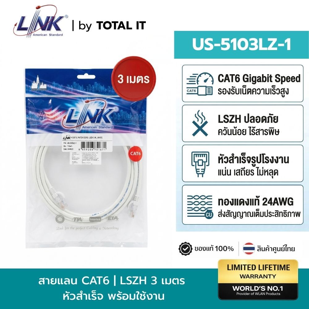 สาย LAN LINK CAT6 3 เมตร (US-5103LZ-1) หัวสำเร็จรูปจากโรงงาน มาตรฐาน LSZH ของแท้ พร้อมส่ง