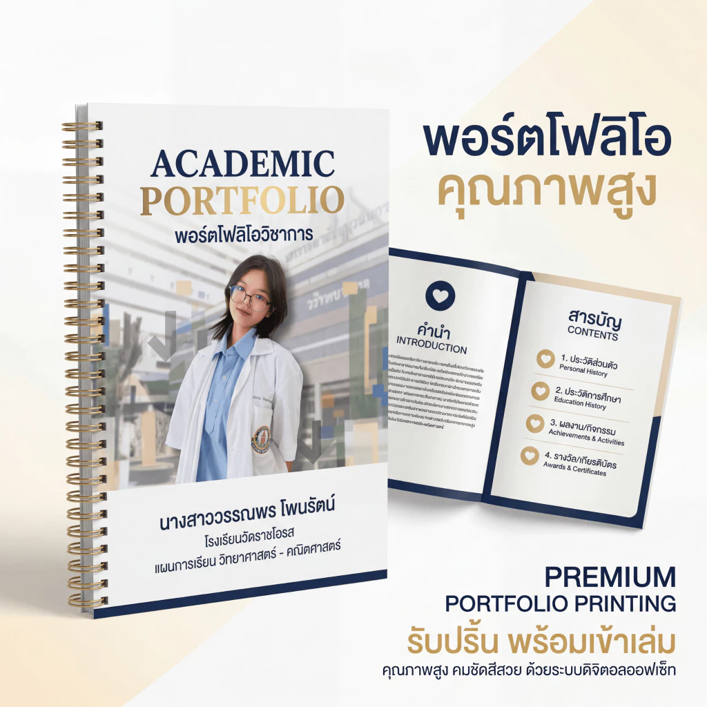 รับปริ้น Portfolio พอร์ตโฟลิโอ เข้าเล่มสันกาว สันเกลียว มุงหลังคา