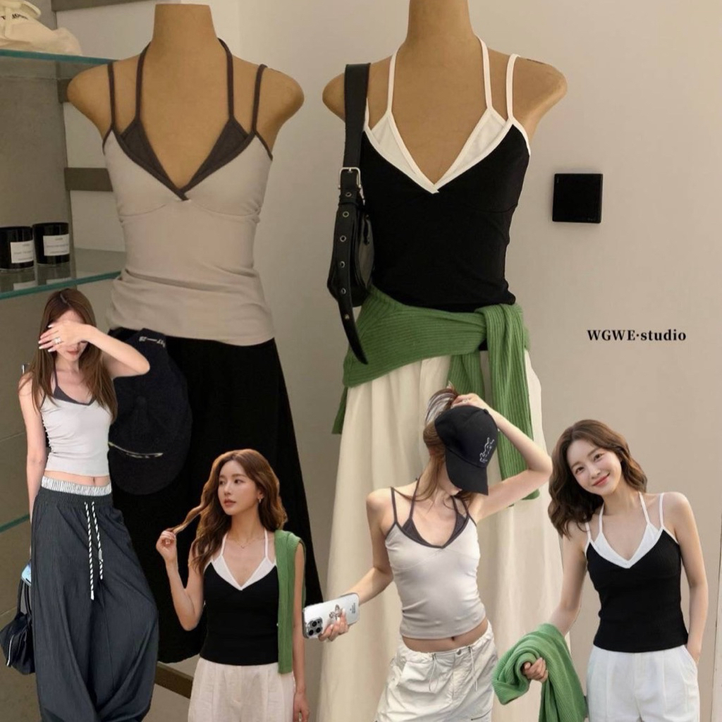 📍พร้อมส่ง ดำ📍8985 เสื้อสายเดี่ยว งานเย็บสายผูกคอ เนื้อผ้ายืดหยุ่นได้เยอะ TAG:WG.WE 🇰🇷