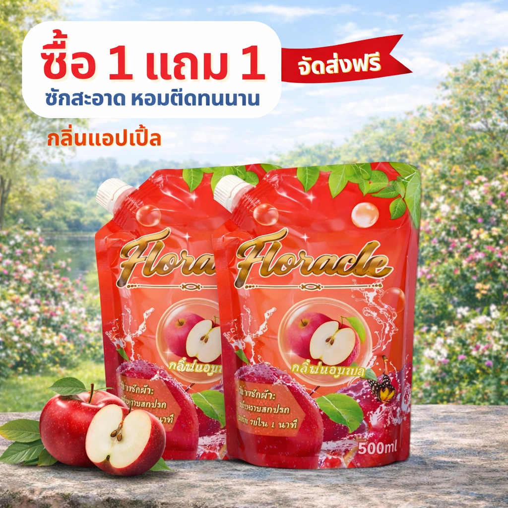 ซื้อ 1 แถม 1! น้ำยาซักผ้า Floracle 500ml x2 กลิ่นแอปเปิ้ล ซักสะอาดล้ำลึก 1 นาที กลิ่นหอมสดชื่น