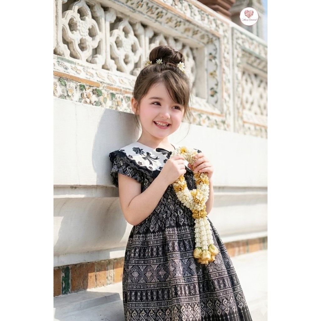 (Girls) ชุดเด็กหญิง "ม่านมุก" Man Mook Thai Jitrada Dress เดรสชุดไทยประยุกต์ผ้าทอลาย ปกใหญ่พิมพ์ลายแต่งโบว์หน้า มีซับใน