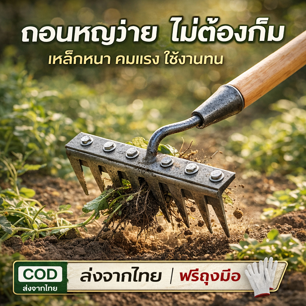 คราดถอนหญ้า ด้ามยาว ไม่ต้องก้ม กำจัดวัชพืช เหล็กหนา 5/6/7/8 ฟัน สำหรับสวน COD
