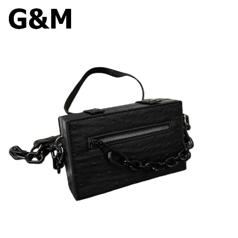 G&M กระเป๋าสะพายข้างทรงกล่องขนาดเล็กประดับโซ่แฟชั่นสำหรับผู้หญิงและผู้ชาย ทำจากหนัง PU สไตล์เกาหลีคลาสสิก