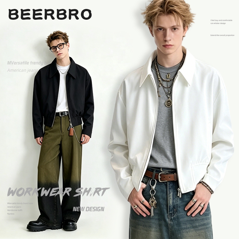 beerbeoth- เสื้อแจ็กเก็ตสําหรับผู้ชาย คอปก สีขาว แฟชั่นฤดูใบไม้ร่วง สไตล์อเมริกันเรโทร M-3XL