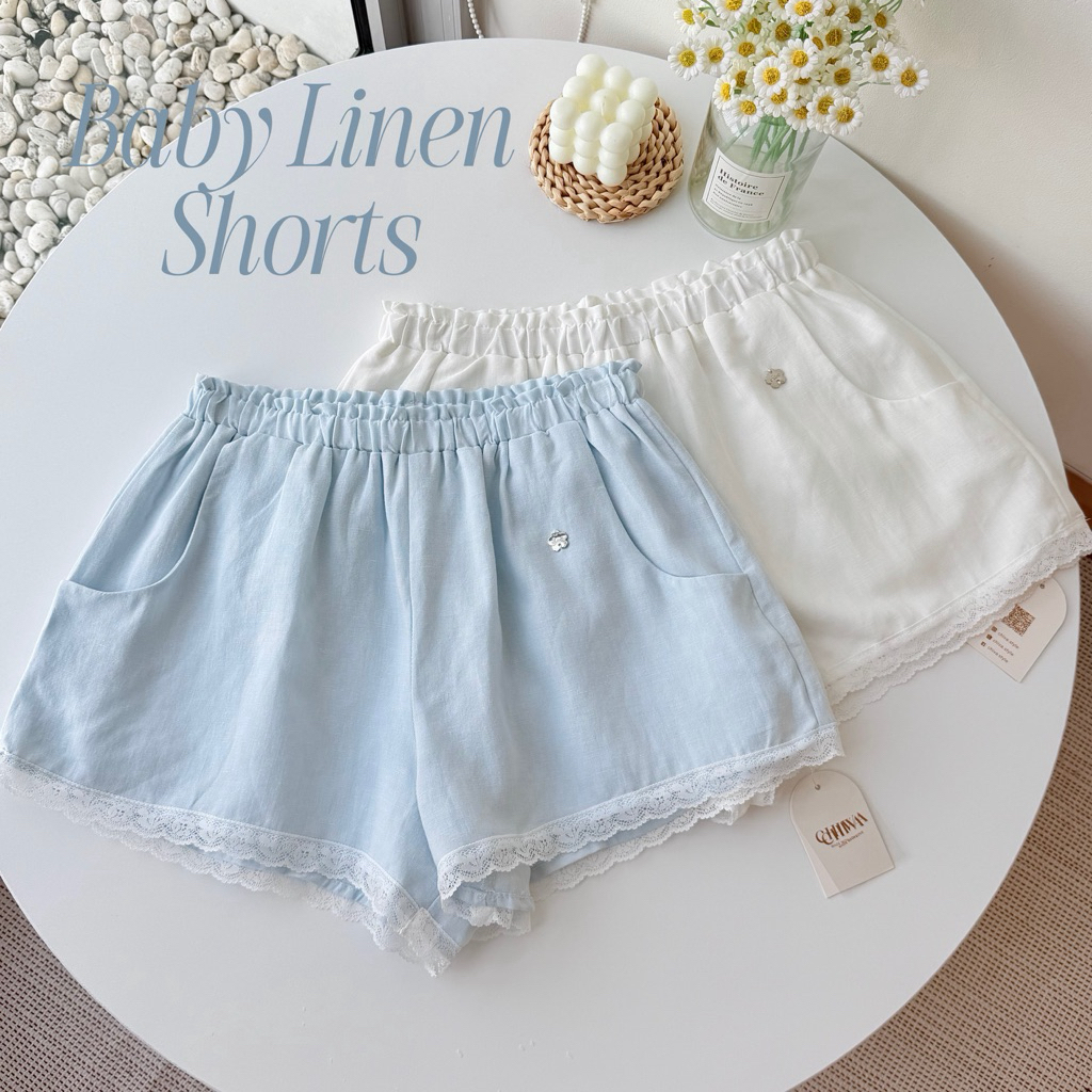 -𝐂𝐡𝐢𝐯𝐚- Baby linen shorts | กางเกงขาสั้นผ้าลินิน แต่งลูกไม้หวานๆ