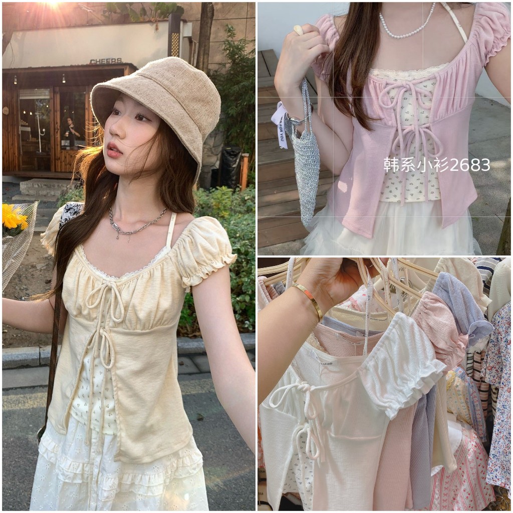 Miso top : เสื้อแขนดอลลี่ ผูกโบว์หน้า 2 เลเยอร์ แต่งเสื้อสายเดี่ยวคล้องคอ KN.Clothes