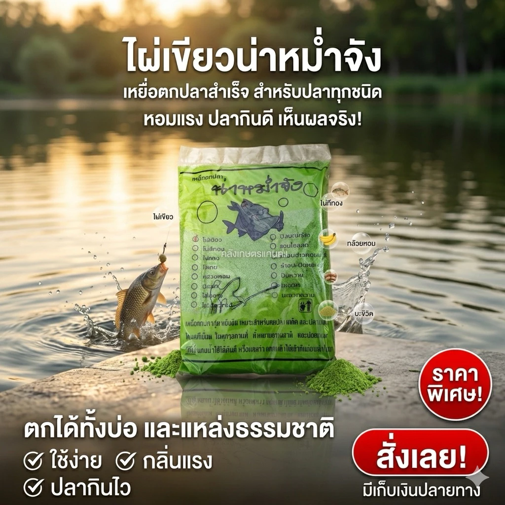 ไผ่เขียว น่าหม่ำจัง ธงรบ เหยื่อตกปลาสูตรสำเร็จ ไม่ต้องผสมเอง กลิ่นหอม ปลาชอบกินดี นักตกปลาไม่ควรพลาด รับประกันคุณภาพ100%