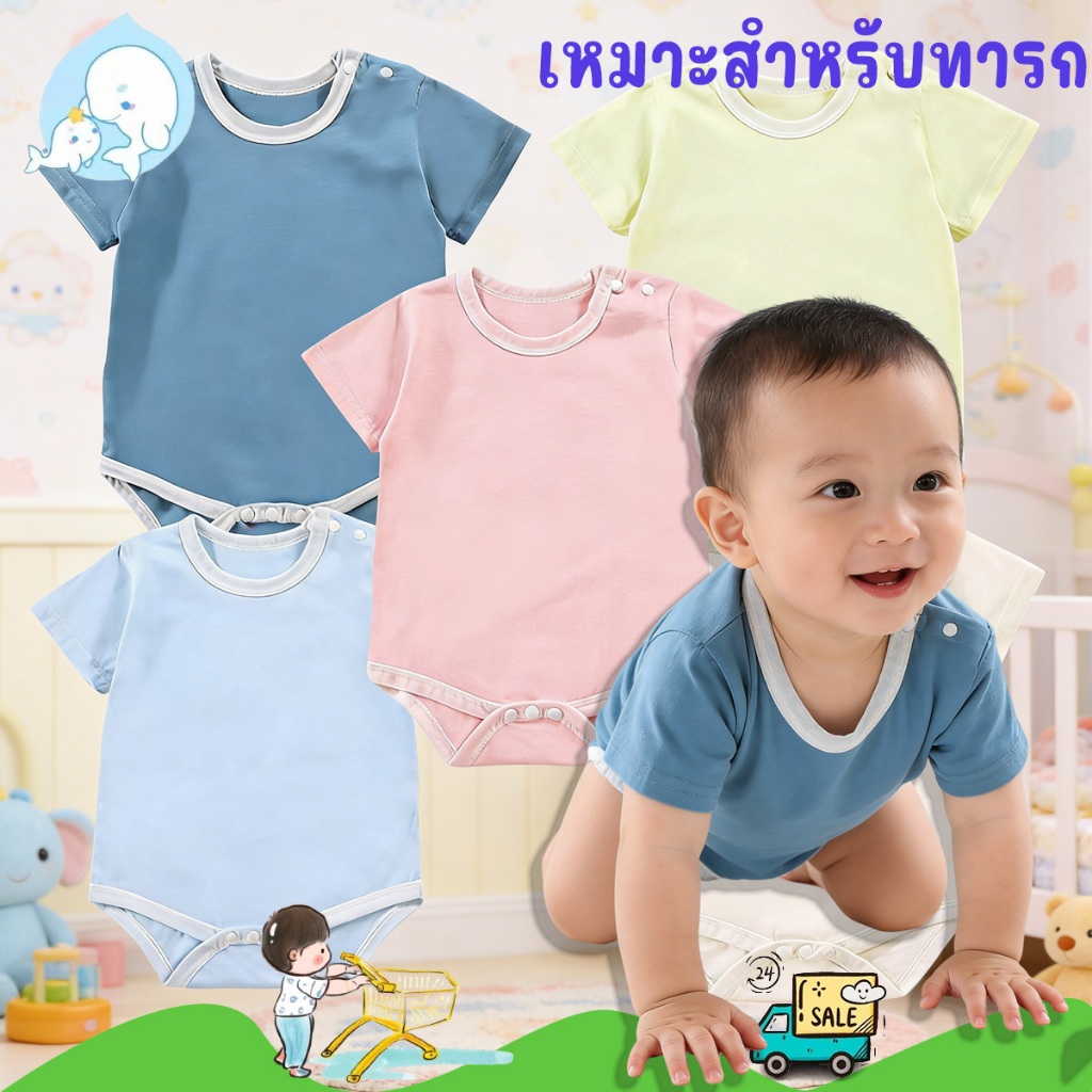 BEAR BABY ชุดรอมเปอร์แขนสั้นเด็ก ชุดบอดี้สูทเด็ก ลายการ์ตูนน่ารัก ระบายอากาศดี มีหลายลายให้เลือก