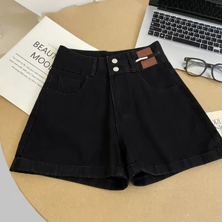 S~5XL A-line straight shorts Blue Black กางเกงขาสั้นเอวสูงดีไซน์กระดุมสองแถวสีน้ำเงินสุดเก๋ กางเกงยีนส์ขาสั้นทรงหลวม HOT