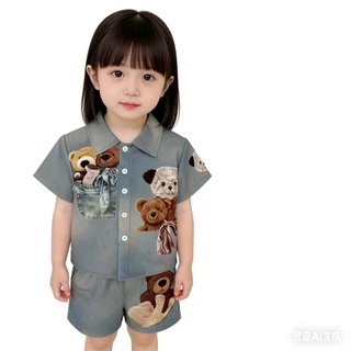 BB239 เซ็ตยีนส์เทียมเด็ก ลายหมีนูน เสื้อเชิ้ตกระดุมหน้า+กางเกงขาสั้น งานเกาหลี