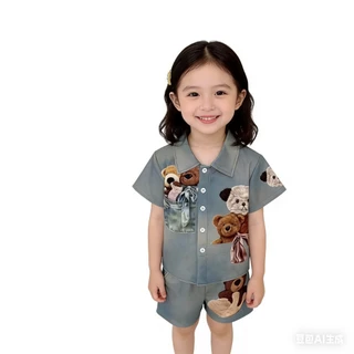 BB239 เซ็ตยีนส์เทียมเด็ก ลายหมีนูน เสื้อเชิ้ตกระดุมหน้า+กางเกงขาสั้น งานเกาหลี