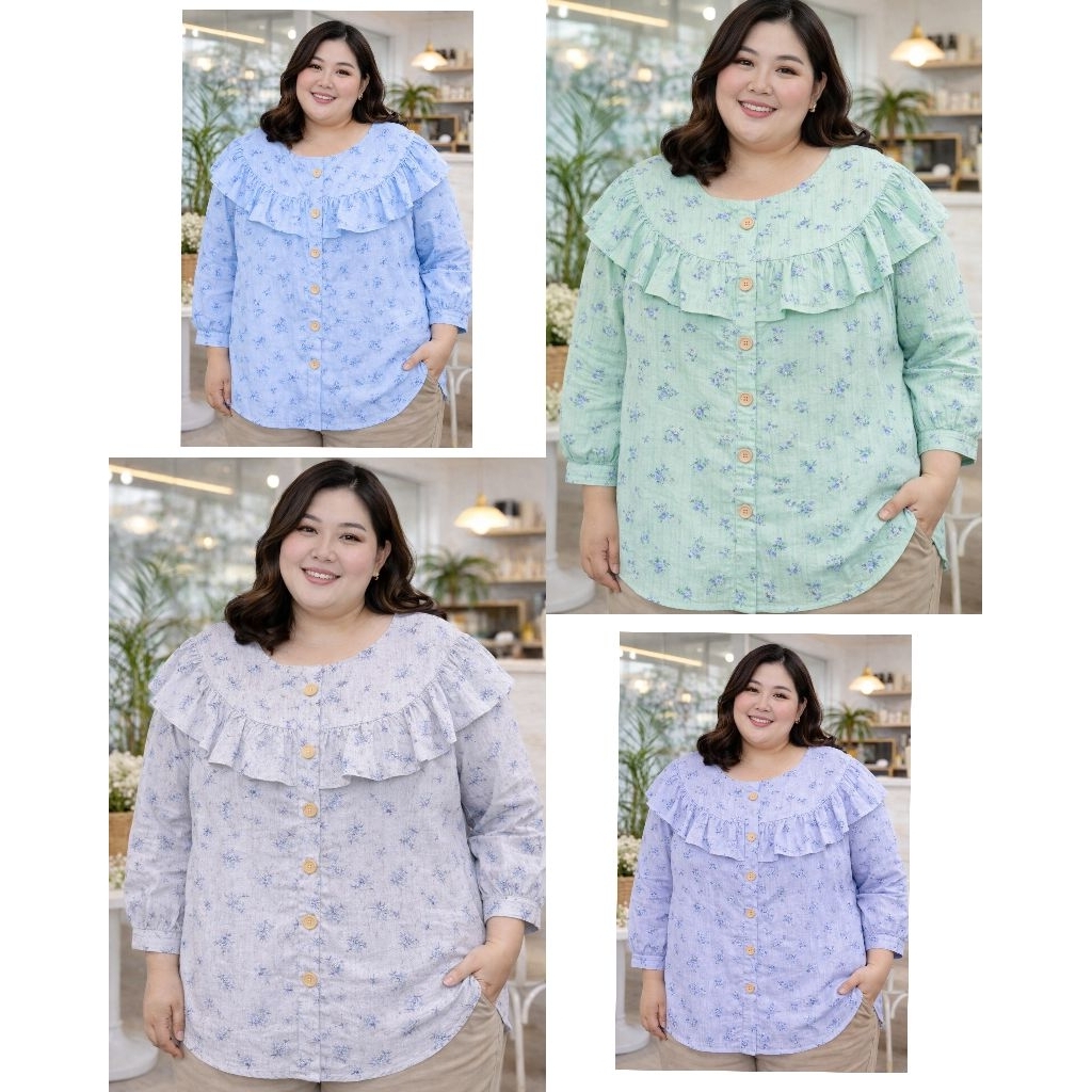 เสื้อไซส์ใหญ่ อก 60 นิ้ว เสื้อแขนสามส่วนแต่งระบาย ไซส์ใหญ่ plussize เสื้อคนอ้วน