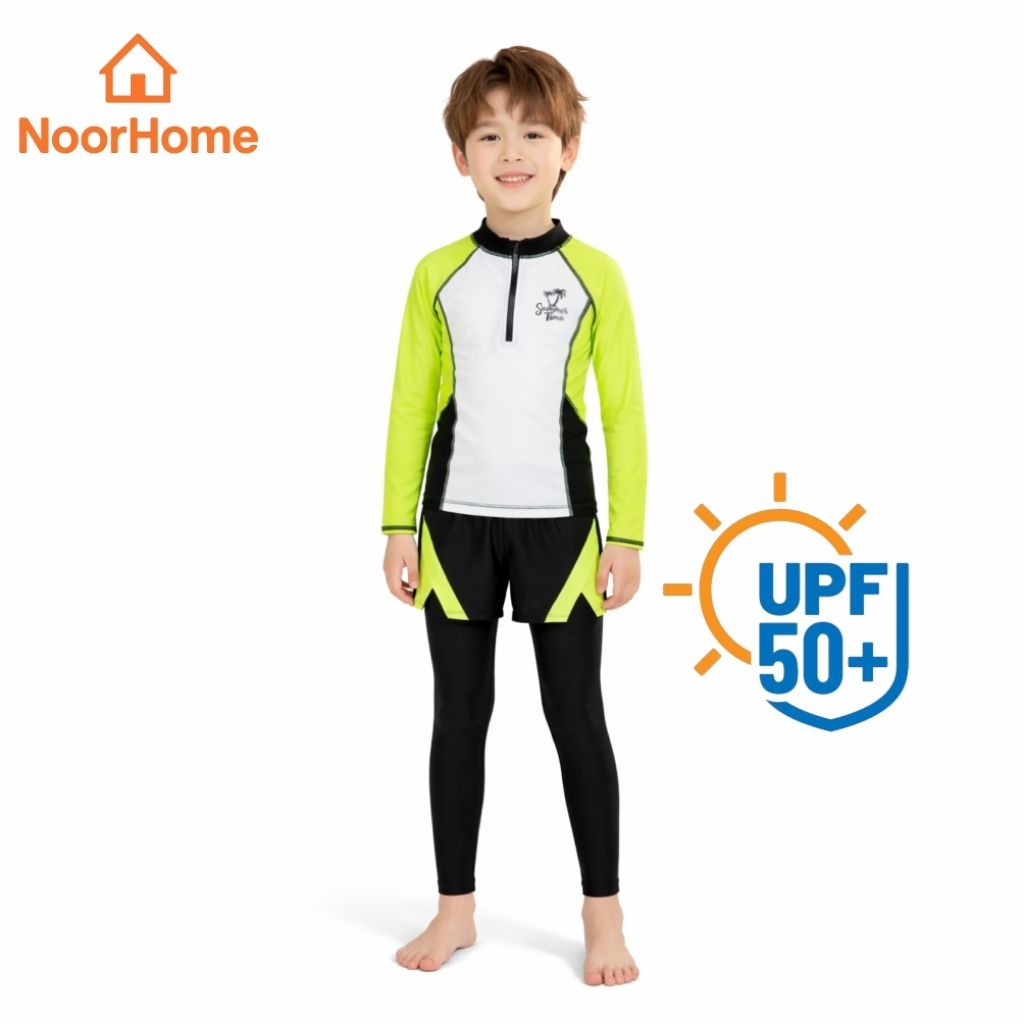 ชุดว่ายน้ำเด็กผู้ชาย แขนยาว กันแดด UPF50+ แห้งไว ชุดเซิร์ฟเด็ก 3 ชิ้น เสื้อ+กางเกงขายาว+หมวก ลายสปอร์ต