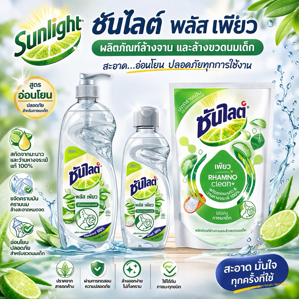 ซันไลต์ พลัส เพียว ผลิตภัณฑ์ล้างจานและล้างภาชนะเด็ก แบบถุงเติม และขวด 450/145/750 มล.