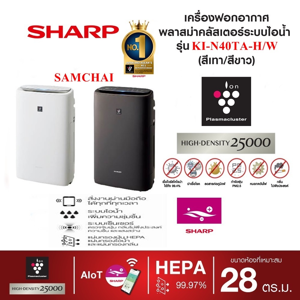 เครื่องฟอกอากาศ ชาร์ป Sharp KI-N40TA-W สีขาว ระบบ HEPA ครอบคลุมพื้นที่ 28 ตร.ม.