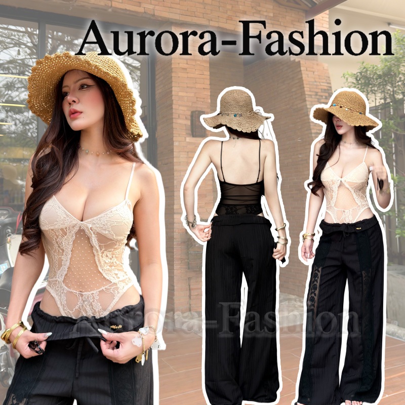Aurora🛒พร้อมส่ง🚚(รูปถ่ายจากงานจริง) เสื้อบอดี้สูท ลวดลายลูกไม้ ผ้าบางโปร่งใส มีฟองน้ำ มี2สี สไตล์สาวเซ็กซี่