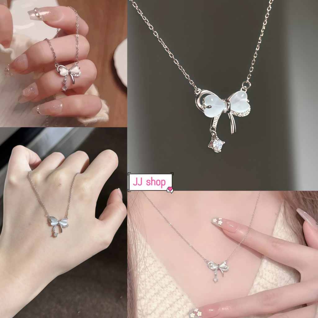 JJ Shop​ พร้อมส่ง สร้อยคอผู้หญิงแฟชั่นสีเงินรูปโบว์ ปรับความยาวได้-BRL-24