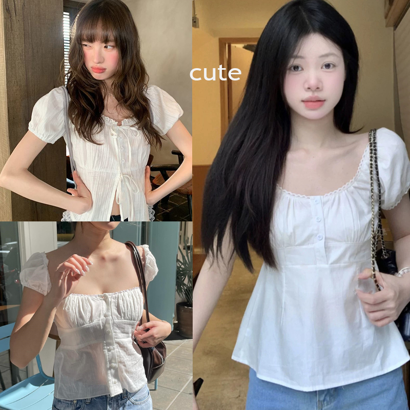Dahong 💖W712  เสื้อเบลาส์ลูกไม้เรียบๆสบายๆสำหรับผู้หญิง สีทึบ ผูกขึ้น เสื้อเชิ้ตแขนสั้นแขนพัฟ เวอร์ชั่นเกาหลี