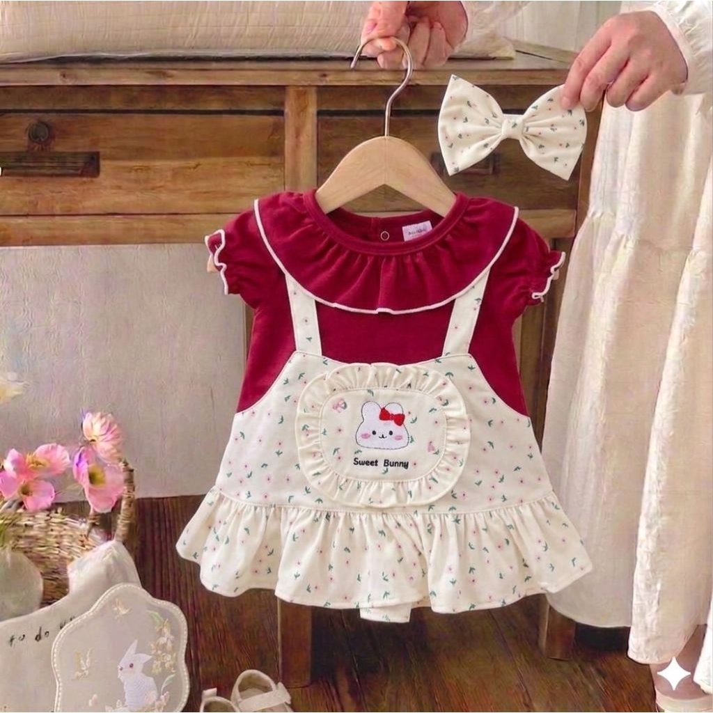 เดรสกระโปรงเด็กผู้หญิง แรกเกิดถึง18เดือน พร้อมผ้าโพกหัว