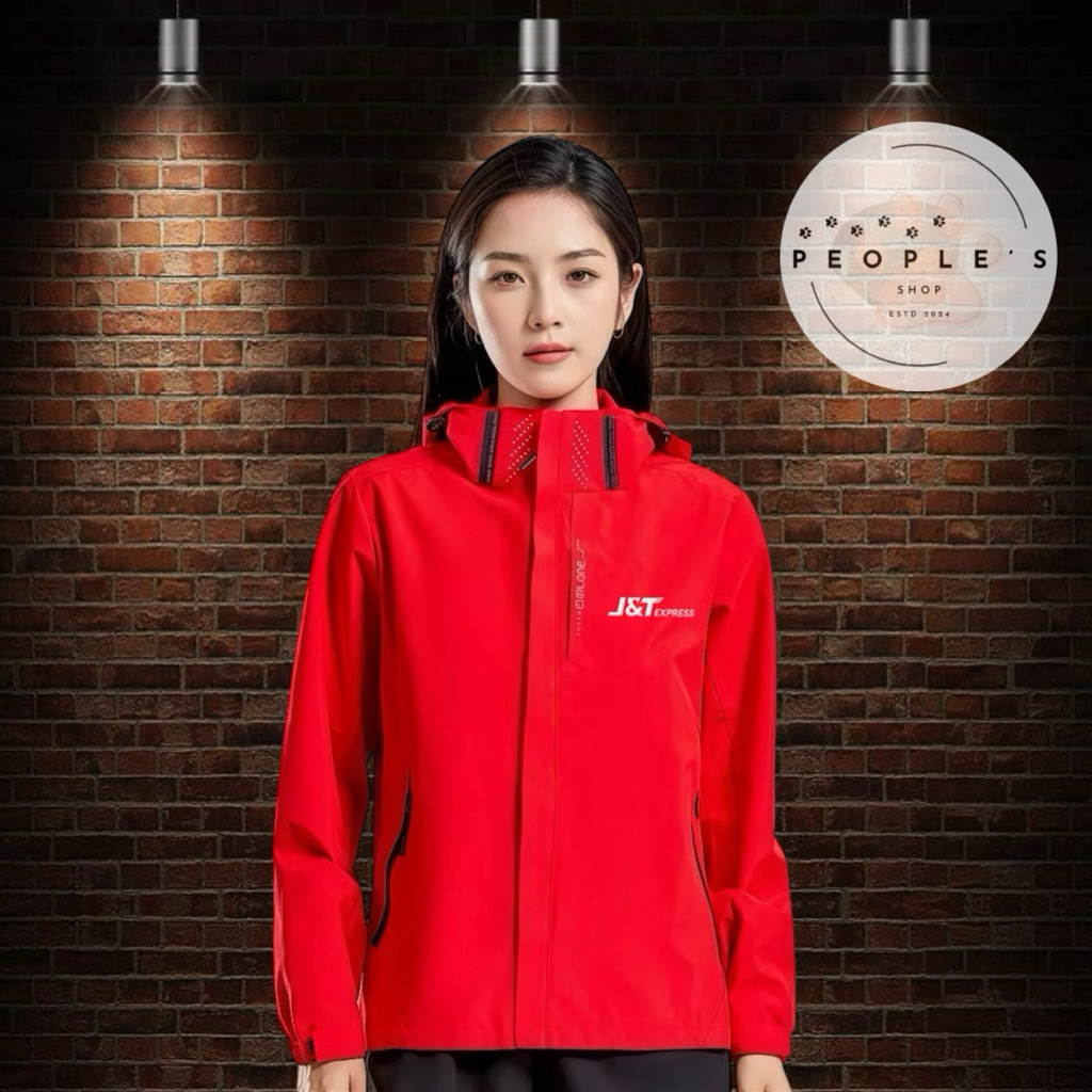 JT05 - เสื้อแจ็คเก็ต J&T Express สีแดง มีฮู๊ด กันน้ำกันฝนได้นิดหน่อย