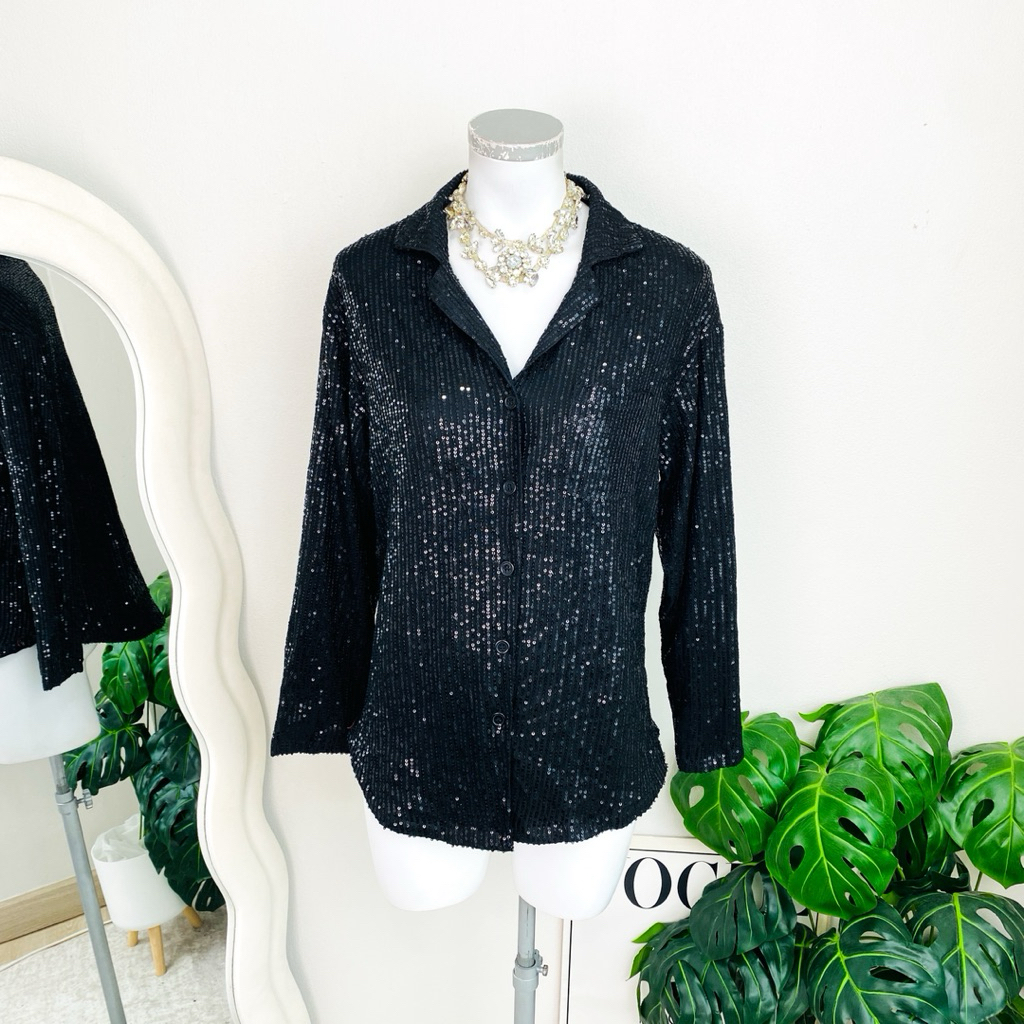ไซด์ M แบรนด์ with it แท้100%🌸แจ็คเก็ต ทรงครอป Jackets ซิบหน้า งานเกล็ดวิบวับ สีดำ ใส่ออกงาน ชุดปาร์ตี้