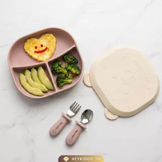 HeyKiddo: จานซิลิโคนก้นลึก 4.5 จานซิลิโคนทรงสี่เหลี่ยม + ฝาหน้าหมีขนปุย ซิลิโคนFoodGrade สำหรับ BLW