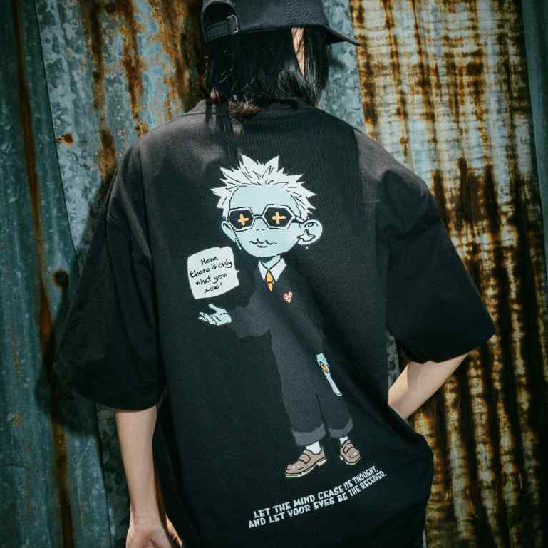 era-won เสื้อยืดเอราวอนแขนสั้น ทรงหลวม T-Shirt Oversize สำหรับคุณผู้ชาย สี ดำล้วน สกรีน FLOWSKULL