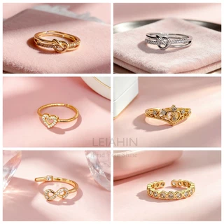 LEIAHIN แหวนแฟชั่นผู้หญิง ชุบทอง 18k ประดับเพทาย รูปหัวใจ ดีไซน์มินิมอล ปรับขนาดได้ ไม่ลอกสีดำ 593r