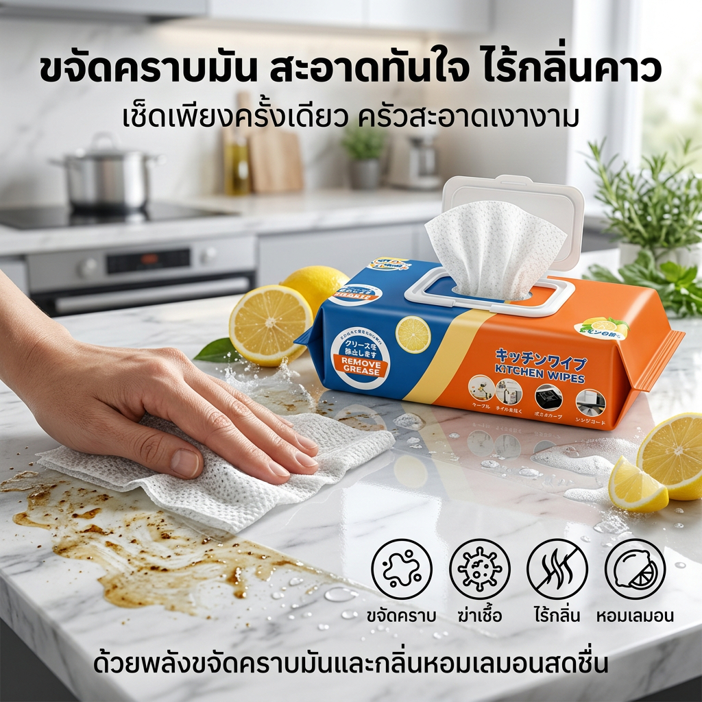 ทิชชู่เปียกทำความสะอาดใช้ในห้องครัว แพ็คละ 40 แผ่น มีฟองในตัว ขจัดคราบมัน เช็ดเตา เช็ดจาน เช็ดกระทะ