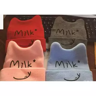 ไหมพรมหมวกMILKเด็กน่ารักมี4สีไหมพรมยืดนิ่ม หมวกมีหูตั้ง