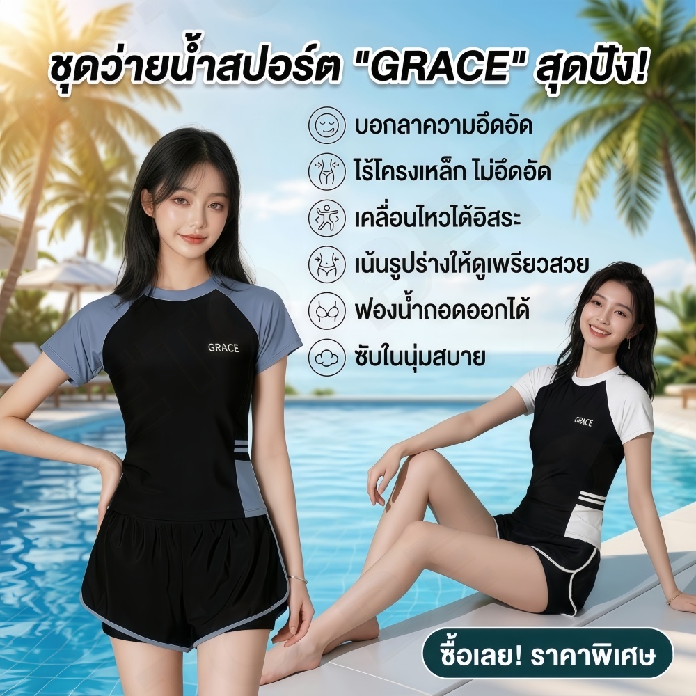 A86-ชุดว่ายน้ำผู้หญิง เซตเสื้อและกางเกง ชุดว่ายน้ำสปอร์ตผ้าแห้งเร็ว ระบายอากาศได้ดี สินค้าพร้อมส่งจากไทย