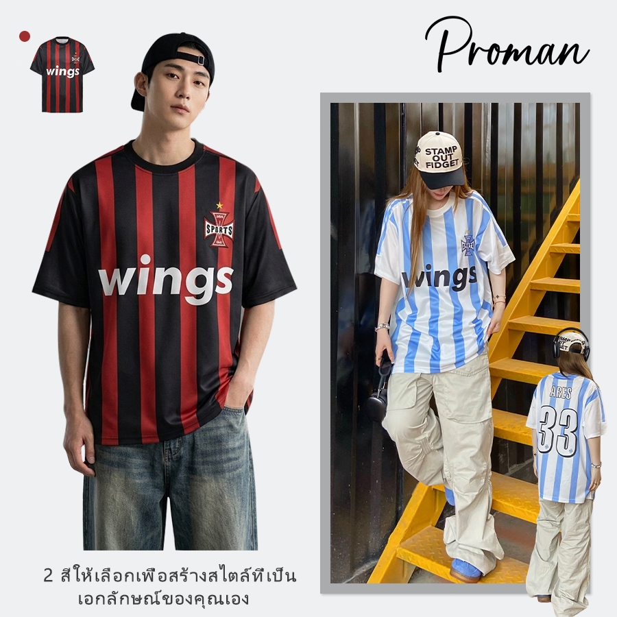 PROMAN เสื้อแขนสั้นสไตล์สปอร์ตอเมริกัน สีตัดผสาน ทรงสวย ดูผอม ใส่ได้ทั้งชายหญิง