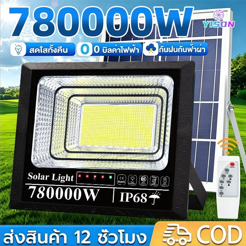 YISON【ซื้อ1แถม1】ไฟโซล่าเซลล์ 880000W โซล่าเซลล์ กันน้ำ กันฟ้าผ่า Solar Light LED ไฟสปอร์ตไลท์ ไฟโซล่าเซลล์สว่างทั้งคืน