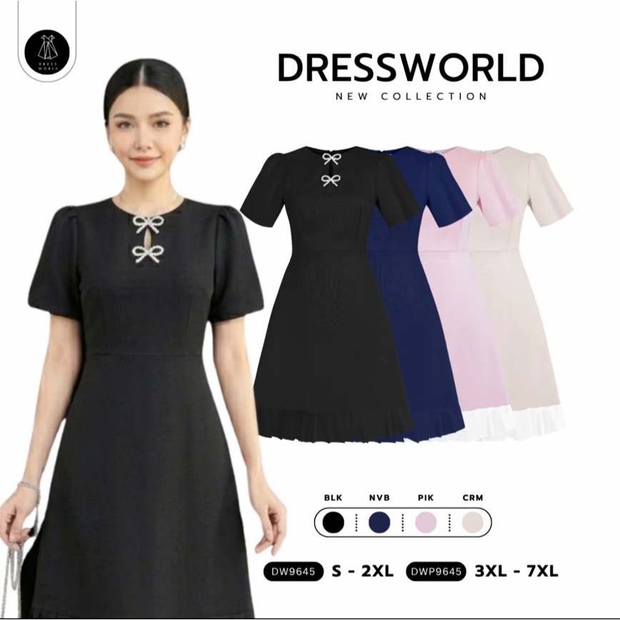 {S-7XL} 9645 งานป้าย Dress World เดรสสั้นทรงบาน ชายระบาย แต่งริบบิ้นมุก เดรสทำงาน