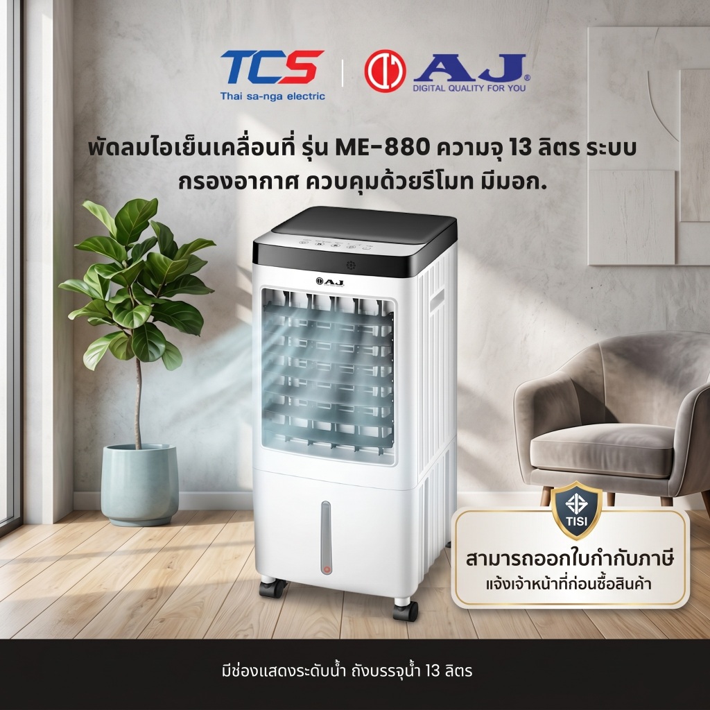 AJ พัดลมไอเย็นเคลื่อนที่ รุ่น ME-880 ความจุ 13 ลิตร ระบบกรองอากาศ ควบคุมด้วยรีโมท